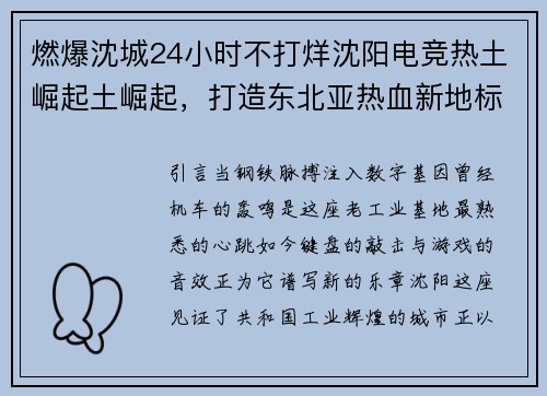 燃爆沈城24小时不打烊沈阳电竞热土崛起土崛起，打造东北亚热血新地标